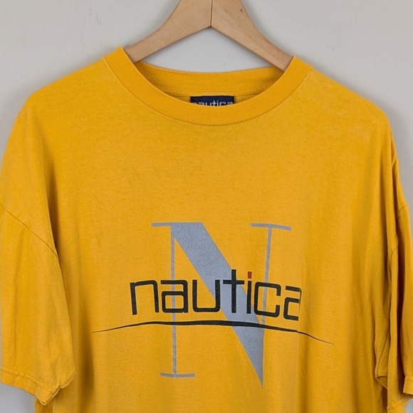 Vintage Nautica Spell Out Logo T-Shirt Yellow XL 90s Graphic Tee USA Style - Picture 1 of 7